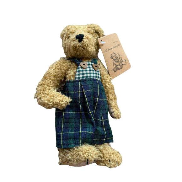 American Eagle Collectible NWT 8 in. Plush Bear with Plaid Green/Blue Overalls - Picture 1 of 7